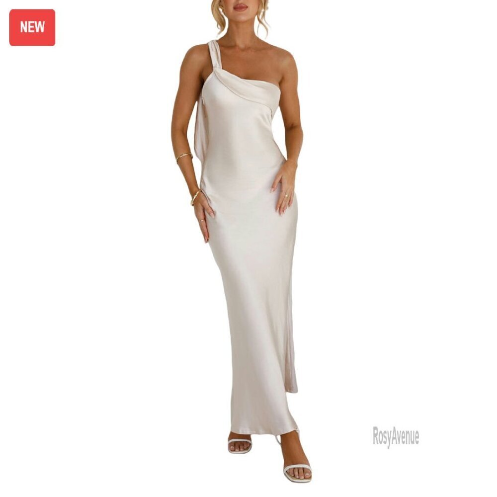 Satin One Shoulder Maxi Dress Formal Backless Ruffle Wedding Guest